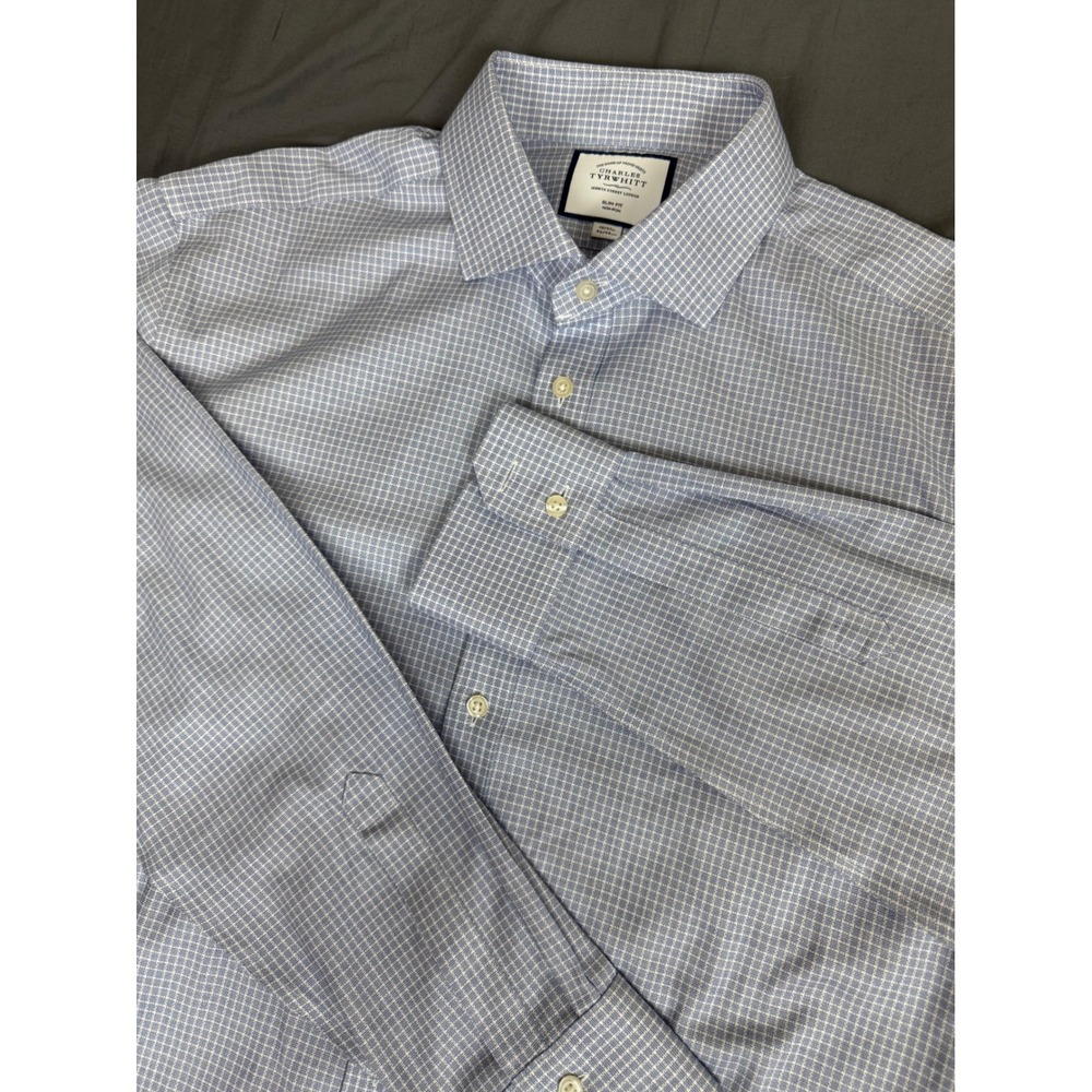 Charles Tyrwhitt Slim Fit Non-Iron Dress Shirt 18/37 Blue Micro Check Cotton